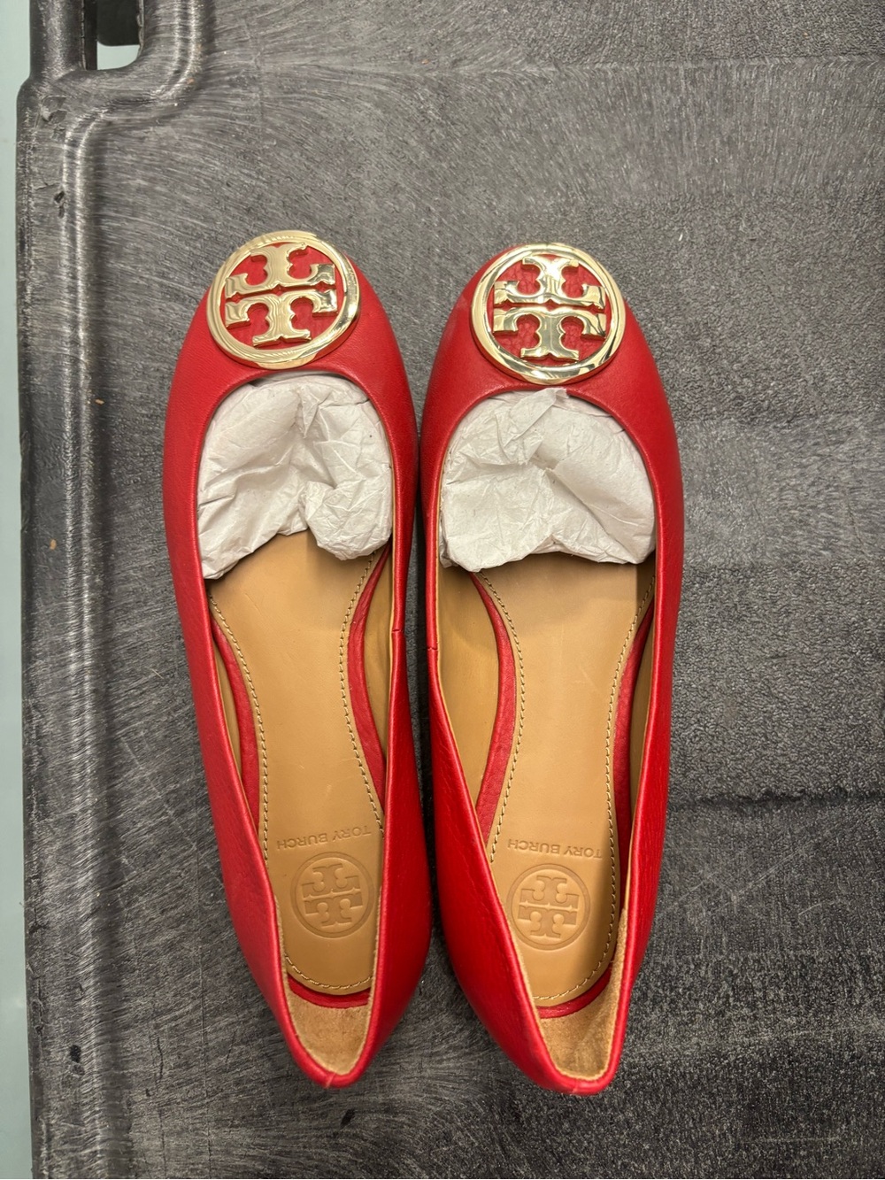 Tory Burch Red Leather Logo Ballet Flats with Gold Medallion